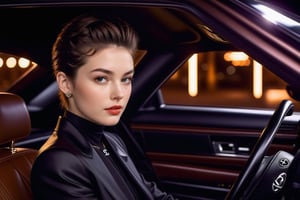 Hyper-Realistic photo of a girl sitting in the driving seat of Lexus at night,20yo,1girl,Sean Young \(Blade Runner\),perfect female form,perfect body proportion,mysterious,perfect anatomy,(elegnt black suit:1.3),detailed exquisite face,soft shiny skin,brown eyes,lips,cigarette,mesmerizing,detailed short black updo hair,upper body,chanel bag
BREAK
(rule of thirds:1.3),perfect composition,studio photo,trending on artstation,(Masterpiece,Best quality,32k,UHD:1.4),(sharp focus,high contrast,HDR,hyper-detailed,intricate details,ultra-realistic,award-winning photo,ultra-clear,kodachrome 800:1.3),(dum lighting:1.3),photo_b00ster, real_booster,art_booster