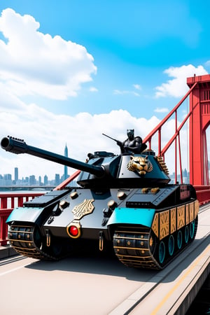 ((Ultra-realistic)) close-up photo of a K-2 Black Panther tank on a bridge,cyan red and gold color,decorated with gems,pretty,futuristic,cyberpunk,steampunk,intricate machine parts,vivid colors,cluttered maximalism
BREAK
backdrop of river,bridge,sky,cloud,city view,(K-2 focus:1.2)
BREAK
rule of thirds:1.3,studio photo,trending on artstation,perfect composition,(Hyper-detailed,masterpiece,best quality,32K,UHD,sharp focus,high contrast,cinematic ighting:1.4),H effect,photo_b00ster, real_booster,ani_booster