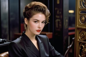 Hyper-Realistic photo of a girl sitting in a dark office,20yo,1girl,Sean Young \(Blade Runner\),perfect female form,perfect body proportion,mysterious,perfect anatomy,expressionless,
(black suit and shirt:1.3),detailed exquisite face,soft shiny skin,holding cigarette,brown eyes,lips,cigarette, mesmerizing,detailed black updo hair,upper body,(very dark room:1.4),(smoke:1.3),Prada bag
BREAK
(rule of thirds:1.3),perfect composition,studio photo,trending on artstation,(Masterpiece,Best quality,32k,UHD:1.4),(sharp focus,high contrast,HDR,hyper-detailed,intricate details,ultra-realistic,award-winning photo,ultra-clear,kodachrome 800:1.3),(chiaroscuro lighting:1.3),by Karol Bak,Antonio Lopez,Gustav Klimt and Hayao Miyazaki,photo_b00ster, real_booster,art_booster