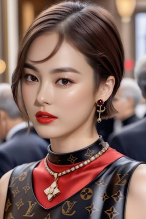 Hyper-Realistic photo of a girl,20yo,1girl,perfect female form,perfect body proportion,perfect anatomy,[red and black color],elegant dress,detailed exquisite face,soft shiny skin,mesmerizing,detailed shiny short hair,small earrings,necklaces,Louis Vuitton bag,cluttered maximalism
BREAK
(rule of thirds:1.3),perfect composition,studio photo,trending on artstation,(Masterpiece,Best quality,32k,UHD:1.4),(sharp focus,high contrast,HDR,hyper-detailed,intricate details,ultra-realistic,award-winning photo,ultra-clear,kodachrome 800:1.25),(chiaroscuro lighting,soft rim lighting:1.15),by Karol Bak,Antonio Lopez,Gustav Klimt and Hayao Miyazaki,photo_b00ster,real_booster,art_booster,song-hyegyo-xl