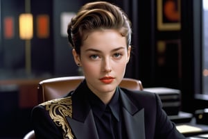Hyper-Realistic photo of a girl sitting in a dark office,20yo,1girl,Sean Young \(Blade Runner\),perfect female form,perfect body proportion,mysterious,perfect anatomy,expressionless,(elegnt black suit and shirt:1.3),detailed exquisite face,soft shiny skin,holding cigarette,brown eyes,lips,cigarette,mesmerizing,detailed black updo hair,upper body,(very dark room:1.4),(smoke:1.3),Prada bag
BREAK
(rule of thirds:1.3),perfect composition,studio photo,trending on artstation,(Masterpiece,Best quality,32k,UHD:1.4),(sharp focus,high contrast,HDR,hyper-detailed,intricate details,ultra-realistic,award-winning photo,ultra-clear,kodachrome 800:1.3),(volumetric lighting:1.3),photo_b00ster, real_booster,art_booster