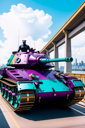 ((Ultra-realistic)) close-up photo of a K-2 Black Panther tank on a bridge,cyan plum and gold color,decorated with gems,pretty,futuristic,cyberpunk,steampunk,intricate machine parts,vivid colors,cluttered maximalism
BREAK
backdrop of river,bridge,sky,cloud,city view,(K-2 focus:1.2)
BREAK
rule of thirds:1.3,studio photo,trending on artstation,perfect composition,(Hyper-detailed,masterpiece,best quality,32K,UHD,sharp focus,high contrast,cinematic ighting:1.4),H effect,photo_b00ster, real_booster,ani_booster
