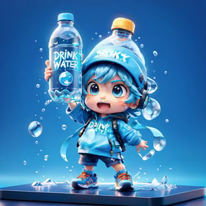 Pixar animation of a bottle of water standing next to gaming computer screen, desperate face, , holding sign (text: drink more water!),Sneakers Design,grbtw artstyle,chibi