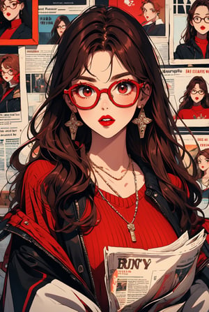 newspaper wall, glasses, parted lips, looking over eyewear,  black jacket, jewelry, long hair, jacket, red shirt, solo, upper body, brown hair, 1girl, necklace, earrings, red sweater, looking at viewer, red-tinted eyewear, sweater, red jacket, red lips ,Crazy face ,glitter