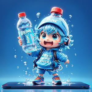 Pixar animation of a bottle of water standing next to gaming computer screen, desperate face, , holding sign (text: drink more water!),Sneakers Design,grbtw artstyle,chibi