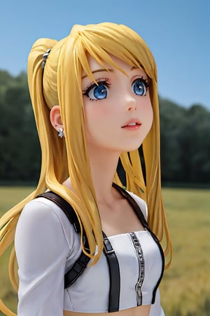 high quality, perfect lighting, masterpiece, best quality, detailed, winry rockbell, 1girl, solo, upper body, blonde hair, blue eyes, puffed full sleeve, crop top, pastel white top, metal embellished earrings, looking up, countryside background,