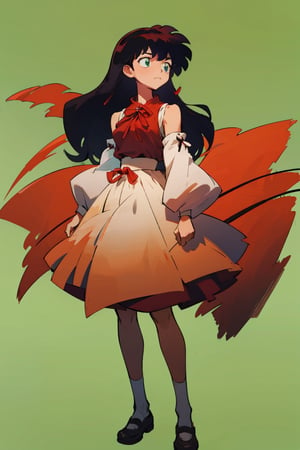 higurashi kagome, (masterpiece, best quality, ultra-detailed), absurdres, high res, calming tones, 1girl, solo, low-tied long hair, red hairband, sleeveless, ribbon-trimmed sleeves, red shirt, red skirt, shide dress, cowboy shot, full body, standing, green background, simple background,
