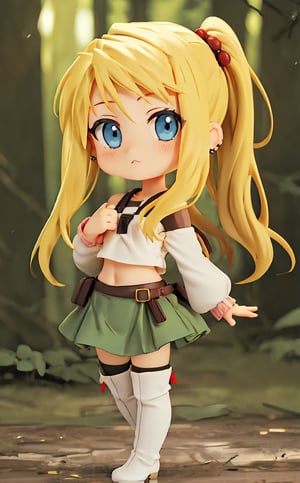 perfect shadows and lighting, masterpiece, best quality, winry rockbell, 1girl, solo, full body, chibi, cute, looking at the viewer, blonde hair, blue eyes, white crop top, puffed sleeve, earrings, forest green skirt, thigh high boots,