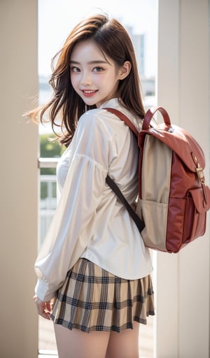 [1girl{((white skin:1.2), (short brown wave hair), (young cuty sexy), (16 years old))}]

{(Korean-style high school uniform ((white long-sleeved shirt top), (red checkered short skirt on beige background))), (Korean school student black leather backpack), (dynamil run), (look back), (happy smile), (open mouth), (background is gate of the school)}