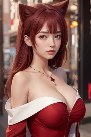 realistic, red hair, red eyes, beautiful face, red dress, bare shoulder