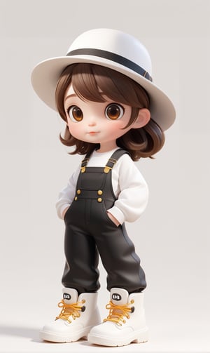 pixar style, cute, girl, medium brown hair, black dungarees, white tee, Bucket Hat, white big desiger boots, 3d style, 3D IP\(hubgstyle)\