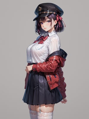 score_9,score_8_up,score_7_up,score_6_up, masterpiece, best quality, detailmaster2, 8k, 8k UHD, ultra detailed, ultra-high resolution, ultra-high definition, highres
,//Character, 1girl, solo
,//Fashion, 
,//Background, white_background
,//Others, ,Expressiveh
,SakayanagiArisu, medium_hair, shiny_hair, purple_eyes,
school_uniform, red_jacket, bowtie, hair_ribbon, black_hat, white_shirt, pleated_skirt, white_skirt, white_thighhighs, garter_straps, from_side