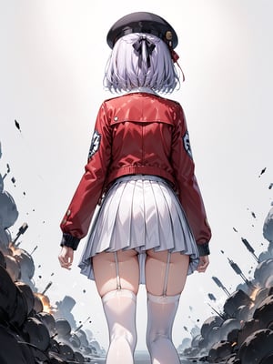 score_9,score_8_up,score_7_up,score_6_up, masterpiece, best quality, detailmaster2, 8k, 8k UHD, ultra detailed, ultra-high resolution, ultra-high definition, highres
,//Character, 1girl, solo
,//Fashion, 
,//Background, white_background
,//Others, ,Expressiveh
, short hair, shiny_hair, purple_eyes,
school_uniform, red_jacket, hair_ribbon, black_hat, white_shirt, pleated_skirt, white_skirt, white_thighhighs, garter_straps, from_behind, explosion