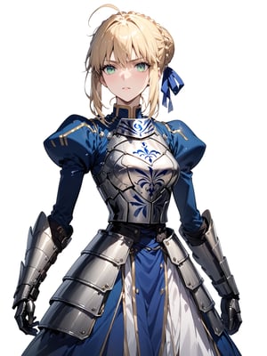 masterpiece, best quality, 8k, 8k UHD, ultra detailed, ultra-high resolution, ultra-high definition, highres, 
//Background, white_background,
//Character, 1girl, solo, 
//Fashion, 
//Others, ,Expressiveh,concept art,artoria pendragon \(fate\), blonde hair, green eyes, sidelocks, braid, hair bun, ahoge, long sleeves, hair ribbon, puffy sleeves, blue dress, blue ribbon, juliet sleeves, gauntlets, armored dress
