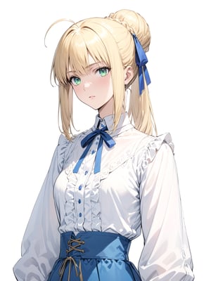 score_9,score_8_up,score_7_up, masterpiece, best quality, highres, 
//Background, white_background,
//Character, 1girl, solo, 
//Fashion, 
//Others, ,Expressiveh,concept art,artoria pendragon \(fate\), blonde hair, green eyes, sidelocks, braid, hair bun, ahoge, hair ribbon, white shirt, blue skirt, neck ribbon