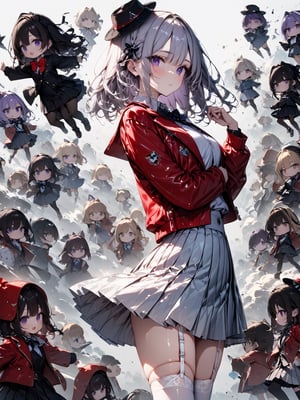 score_9,score_8_up,score_7_up,score_6_up, masterpiece, best quality, detailmaster2, 8k, 8k UHD, ultra detailed, ultra-high resolution, ultra-high definition, highres
,//Character, 1girl, solo
,//Fashion, 
,//Background, white_background
,//Others, ,Expressiveh
,SakayanagiArisu, medium_hair, shiny_hair, purple_eyes,
school_uniform, red_jacket, bowtie, hair_ribbon, black_hat, white_shirt, pleated_skirt, white_skirt, white_thighhighs, garter_straps, from_side, explosion