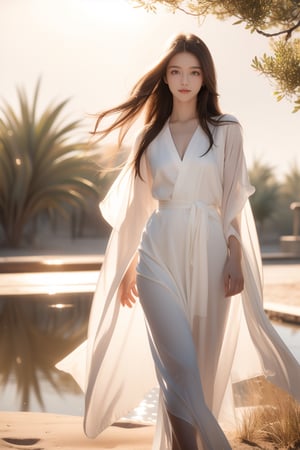 desert, dune,ancident ruins,oasis,tree,flowers,pond,sun,horizon,wind,an explorer,16 yo,beautiful girl,very long hair, straight hair,brown hair,smile,wearing desert cloth(white chiffon very long robe),she is walking around pond,Best Quality, 32k, photorealistic, ultra-detailed, finely detailed, high resolution, perfect dynamic composition, beautiful detailed eyes, sharp-focus, cowboy shot,Chinese ink painting,Nature