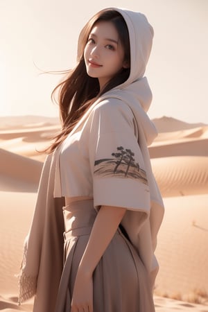 desert, dune,sun,horizon,an explorer,16 yo,beautiful girl,very long hair, straight hair,brown hair,smile,wearing desert cloth(long skirt,hood,robe),Best Quality, 32k, photorealistic, ultra-detailed, finely detailed, high resolution, perfect dynamic composition, beautiful detailed eyes, sharp-focus, cowboy shot,front view,Chinese ink painting,Nature