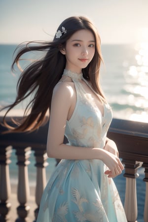 seaside mansion balcony balustrade,blue sea,horizon,wind,an explorer,16 yo,beautiful girl,very long hair, straight hair,brown hair,smile,wearing halterneck dress(flower pattern),vivid color,Best Quality, 32k, photorealistic, ultra-detailed, finely detailed, high resolution, perfect dynamic composition, beautiful detailed eyes, sharp-focus, cowboy shot,Nature