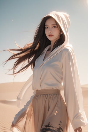 desert, dune,sun,horizon,wind,an explorer,16 yo,beautiful girl,very long hair, straight hair,brown hair,smile,wearing desert cloth(chiffon long skirt,hood,long sleeve robe),Best Quality, 32k, photorealistic, ultra-detailed, finely detailed, high resolution, perfect dynamic composition, beautiful detailed eyes, sharp-focus, cowboy shot,Chinese ink painting,Nature