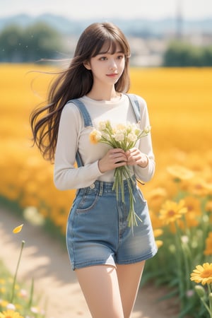 background is flower field,grass field,horizon,wind blowing,petals blowing,16 yo, 1 girl, beautiful girl,smile,
wearing denim overalls skirt,long socks,standing on flower field,holding buquet, cowboy shot,very_long_hair, hair past hip, bangs, curly hair, realhands, masterpiece, Best Quality, 16k, photorealistic, ultra-detailed, finely detailed, high resolution, perfect dynamic composition, beautiful detailed eyes, ((nervous and embarrassed)), sharp-focus, full body shot,pink flower,flower