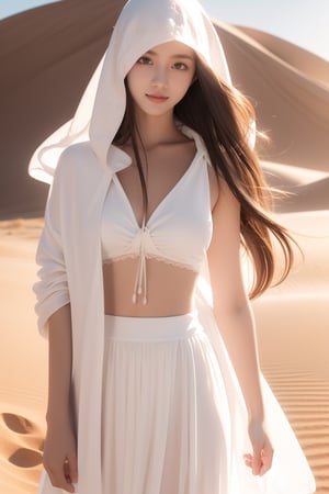 desert, dune,ancident ruins,sun,horizon,wind,an explorer,16 yo,beautiful girl,very long hair, straight hair,brown hair,smile,wearing desert cloth(white chiffon long skirt,hood,very long robe),Best Quality, 32k, photorealistic, ultra-detailed, finely detailed, high resolution, perfect dynamic composition, beautiful detailed eyes, sharp-focus, cowboy shot,Chinese ink painting,Nature
