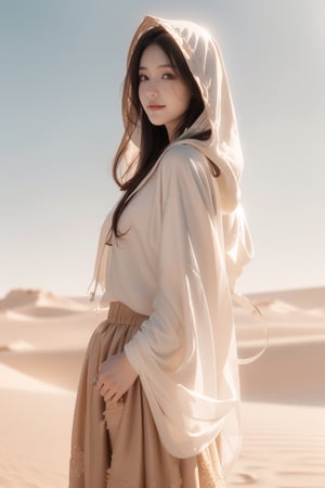desert, dune,sun,horizon,an explorer,16 yo,beautiful girl,very long hair, straight hair,brown hair,smile,wearing desert cloth(chiffon long skirt,hood,long sleeve robe),Best Quality, 32k, photorealistic, ultra-detailed, finely detailed, high resolution, perfect dynamic composition, beautiful detailed eyes, sharp-focus, cowboy shot,front view,Chinese ink painting,Nature