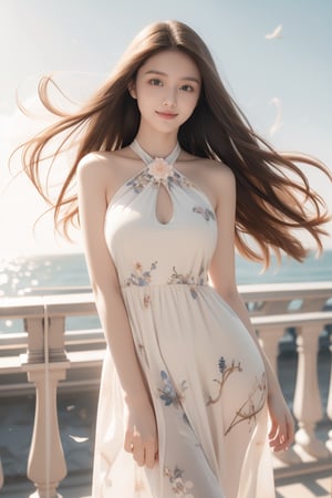 seaside mansion balcony balustrade,sun,horizon,wind,an explorer,16 yo,beautiful girl,very long hair, straight hair,brown hair,smile,wearing halterneck dress(flower pattern),Best Quality, 32k, photorealistic, ultra-detailed, finely detailed, high resolution, perfect dynamic composition, beautiful detailed eyes, sharp-focus, cowboy shot,,Nature
