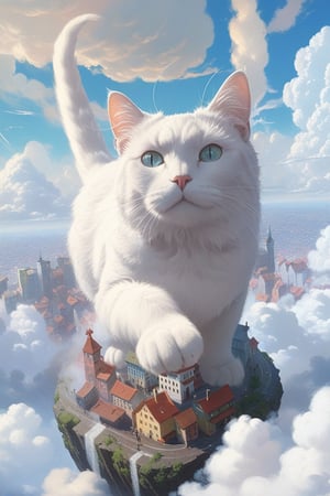 (best quality, masterpiece:1.2), A white majestic cat on top of a flying city, surrounded by clouds, made out of clouds, swirling with clouds, an original artwork by simon stålenhag, Thomas Kinkade, studio ghibli, digital painting, 8k resolution concept art hyperdetailed, intricately detailed, vivid