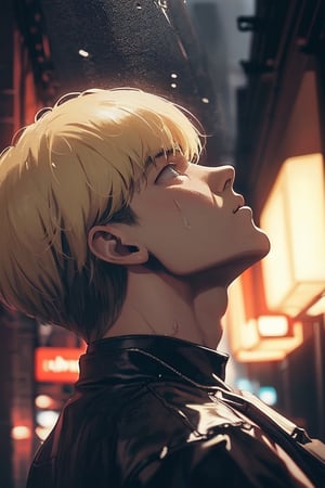 1male,neon lights,red light,night,rain,wet hair,rain drops on his face,looking to the sky,melancholic,extremely detailed,perfect composition,masterpiece 8k wallpapper,blonde hair,blue eyes,Armin Arlet