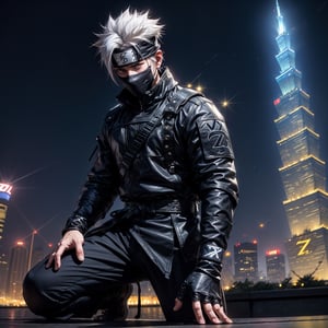 (masterpiece), full body, 1man, spiky hair, white hair, wearing tight tactical ninja flak jacket, leather tactical ninja full mouth mask, leather gloves, and his (((tactical headband with a letter ("Z") symbol))), scenery, (at Taipei 101 background), sparkle, Kakashi Hatake,PachaMeme,DrakePostingMeme