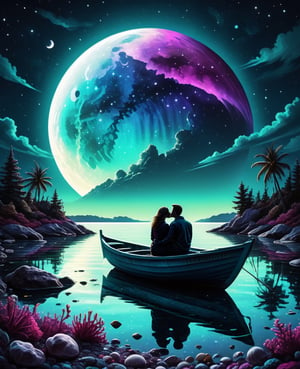 A kissing couple sitting in a boat under the moon, vintage, centered, bright, detailed, lake, ((beach house in the background)), detailed neon outline, dark background, Space_In_Shell! Psychology 