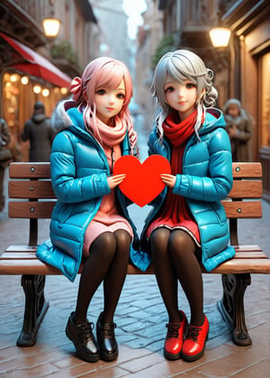 Two girl ,sitting on the bench with a heart gesture, cozy city street,outline