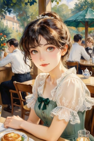 Elegantism, opulent scene, a beautiful girl sitting in a sunny European Cafe with tables outside golden summer light, Pierre Auguste Renoir style, Impressionism, stunning intricate details.t, 8k resolution. (masterpiece, top quality, best quality, official art, beautiful and aesthetic:1.2), (1girl:1.4), upper body, blonde hair, portrait, extreme detailed, super wide angle, high angle, high color contrast, medium shot, depth of field, blurry background, simple background, bokeh,impressionist painting,shiho