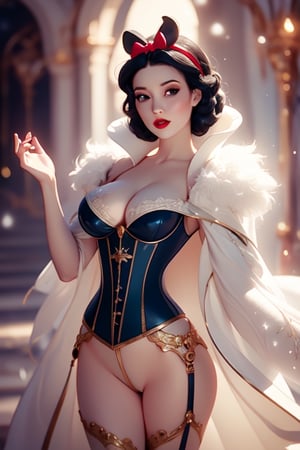 Sexy pinup model, Disney princess snow white, high_res, tight corset, sexy outfit, make_up, fluffy hair, magical ,snowwhite