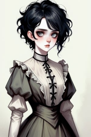 Tall victorian beautiful young female, short fluffy messy black hair, pale skin, inhumane eyes, long blouse, monster,more detail XL,monster