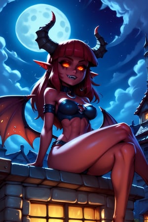Score_9, Score_8_up, Score_7_up, volumetric_lighting, chiaroscuro_lighting, 1girl, (((demon-girl))), horns, [intricate], ((expressive_sharp_eyes)), red_trim, glowing_eyes, long_hair, thick_eyelashes, (by: thefuckingdevil, fantasy_scenery, night, moon,  
sitting_on_a_roof), view_from_below