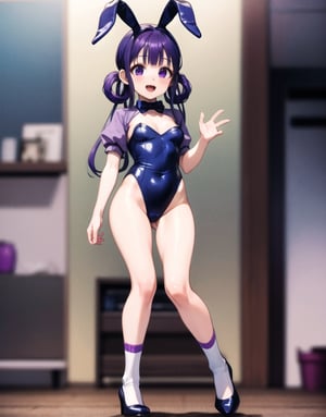 Aoi Akane,masterpiece,extremely detailed, unity, (Masterpiece, best quality), (highres, ultra-detailed), (absurdres, perfect anatomy), best quality, solo, looking at viewer, small breast, playboy_bunny_leotard, 1 girl, full legs socks, purple hair, purple eyes, happy, open mouth, 
