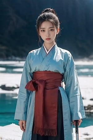 a painting of Nak-Su, the beautiful Korean female assassin from Alchemy of Souls, Go Yoon Jung, holding a sword in an ocean covered by ice, black and red traditional hanbok, hair tied back, in the style of dark sky-blue and red, cinematic movie still, sandara tang, k-drama, historical drama, lit kid, metafictional, snow scenes, technological fusion