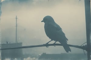 distressed cyanotype, bird silhouette, open wings, sitting on power lines, foggy city background