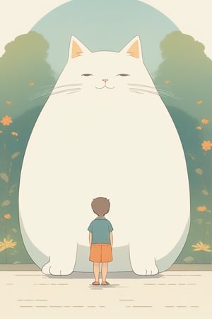 little boy standing next to cute fat cat,summer day, symmetry face, niji style, ghibli style