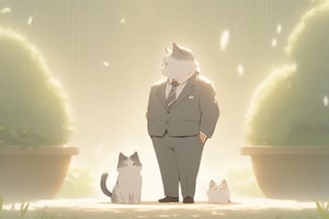 a man in suit standing next to cute fat grey calico cat,summer day, symmetry face, niji style, ghibli style,cat,Xxmix_Catecat