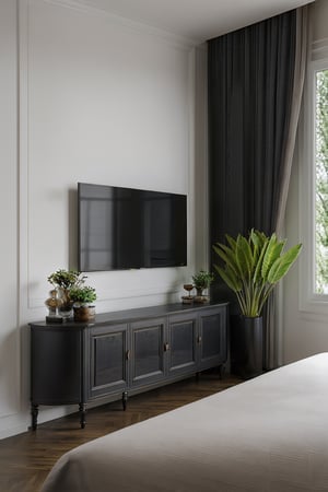 a beautful room, bed,chire,table,color TV,plant,wine