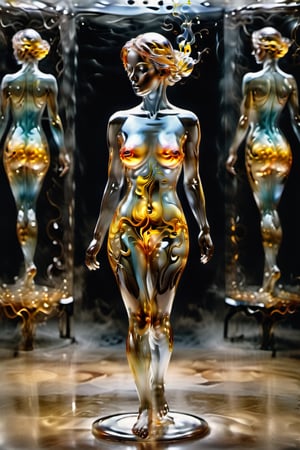 Professional photography of a glass woman, (((full body))),her face is ultrarealistic and hyperdetailed showing beautiful hazel eyes,  her hair is tied to the top of her head, her body is made of translunce clear seethrough glass with intricate smoke swirling inside of her translucent glass-body, glowing translucent glass fractal elements, work of beauty and complexity, gloomy background, soft studio lighting, golden ratio, 80mm digital photo with sharp focus on eyes,  alberto seveso style, wide_hips,  smoke trapped inside her translucent-glass-body,  dynamic pose , black background 