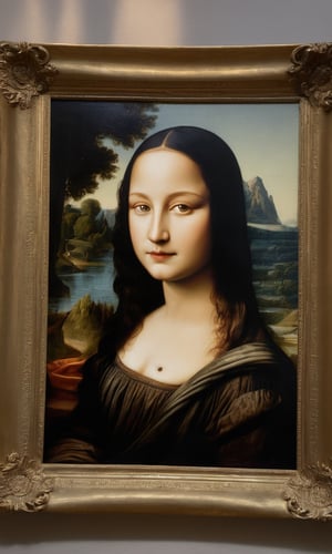 realistic, lady monalisa from leonardo painting, pose just like in the painting,  xxmixgirl, nude, lens flare shadow sun light rim light, mysterious  smile, lady monalisa painting frame in the back 