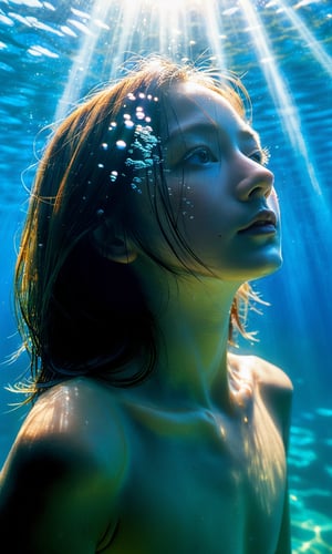 xxmixgirl, 1girl under water nude lens flare shadow sun light rim light (realistic, photo by Ryan McGinley),evil smile, ,b3rli