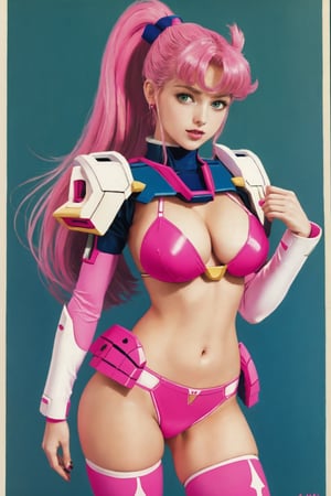  High quality, masterpiece, wallpaper, a beautiful girl wearing pink Bikini armor, a British girl,thighs, sexy, ponytail, long hair, eye high stockings,Gundam,BJ_Gundam,mecha musume
