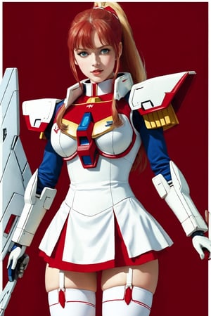  High quality, masterpiece, wallpaper, a beautiful girl wearing white and red armor, a British girl,thighs, sexy, ponytail, long hair, eye high stockings,Gundam,BJ_Gundam,mecha musume