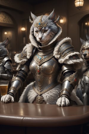 armored feline companion, wearing intricate fur armor, anthropomorphic female  dogs happily drink and lie down at the bar,MonsterAdd E7PLAY letters on the chest