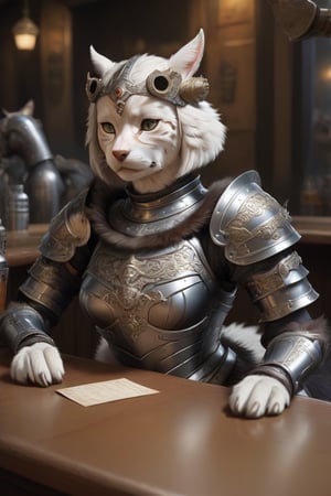 armored feline companion, wearing intricate fur armor, anthropomorphic female  dogs happily drink and lie down at the bar,E7PLAY letters on the chest